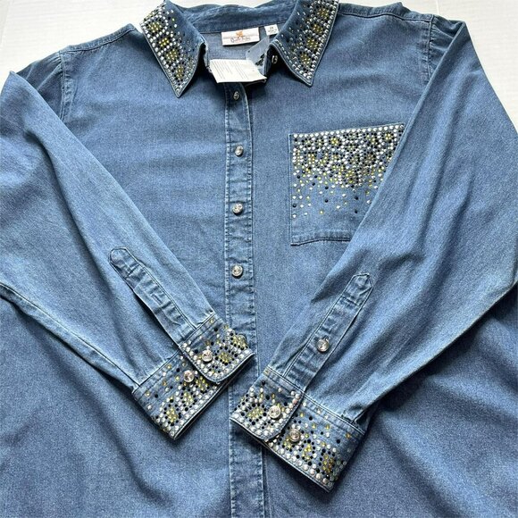 Quacker Factory Denim Button Up Top 2X Rhinestones Bling Western NEW - Picture 6 of 7